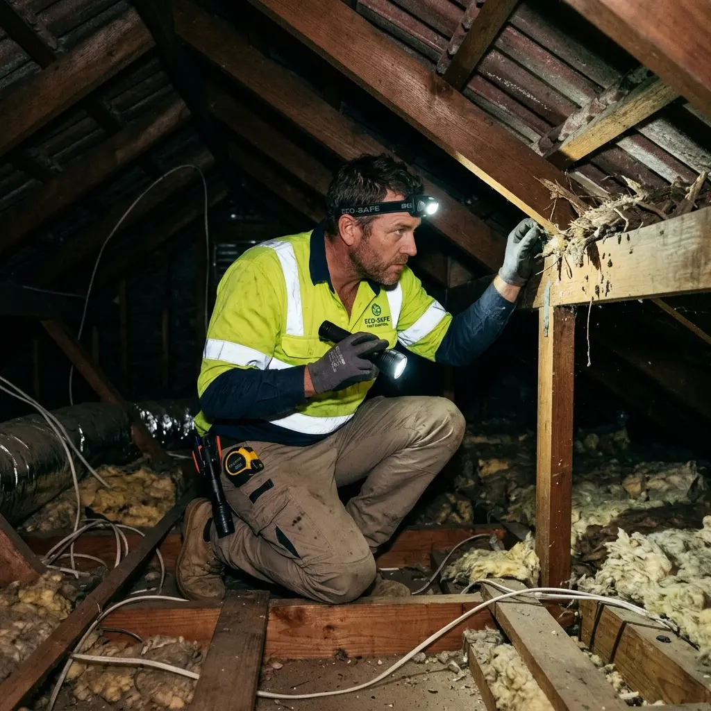 Technician inspecting a Glenroy subfloor void for a deceased cat
